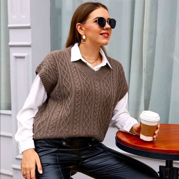 SHEIN Sweaters - PLUS MOCHA BROWN V-NECK CABLE KNIT SWEATER VEST